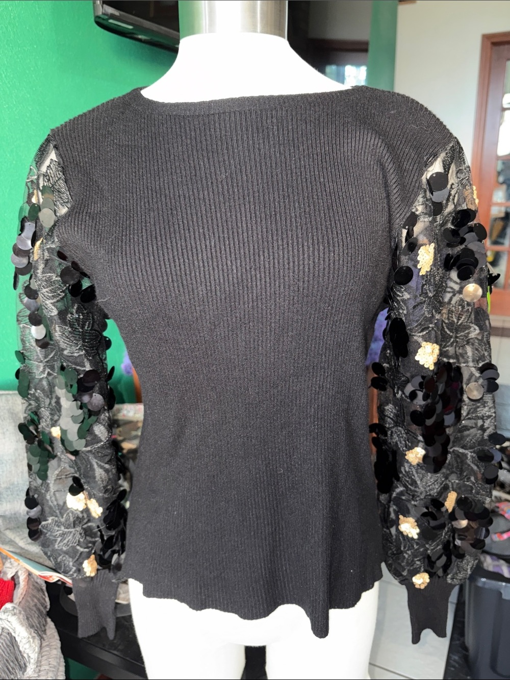Sioni Black Sweater with Sheer Sequin Sleeves Size S, 18” PTP, 20” L